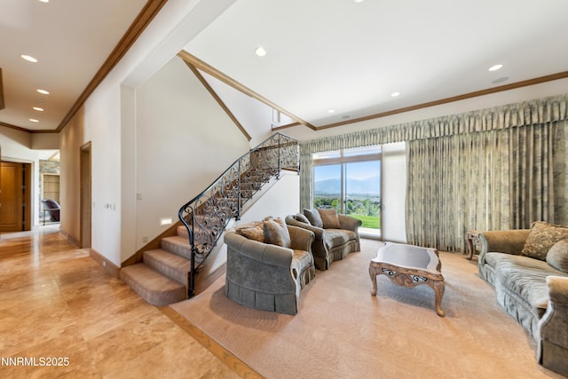 1103 Cortez Ln, Gardnerville, NV 89410 - living room with ornamental molding, stairs, recessed lighting, and baseboards
