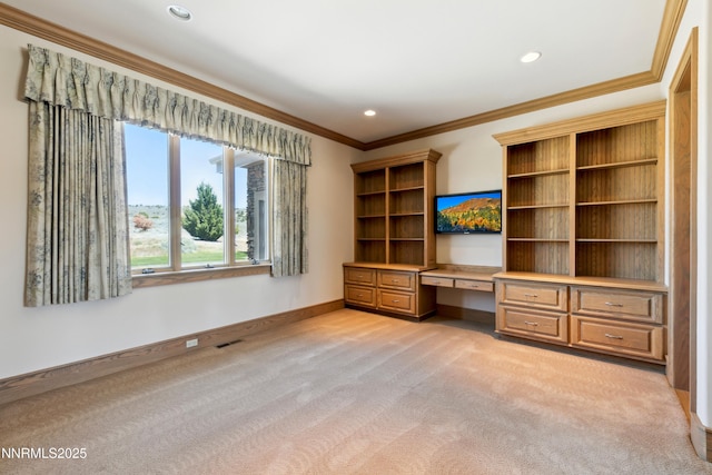 1103 Cortez Ln, Gardnerville, NV 89410 - unfurnished office featuring built in desk, ornamental molding, light carpet, baseboards, and recessed lighting