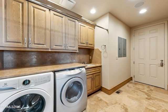 1103 Cortez Ln, Gardnerville, NV 89410 - laundry area with independent washer and dryer, cabinet space, electric panel, baseboards, and recessed lighting