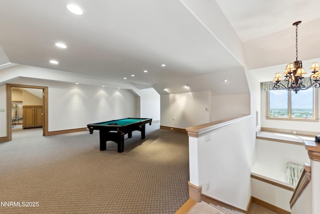 1103 Cortez Ln, Gardnerville, NV 89410 - recreation room featuring lofted ceiling, carpet flooring, baseboards, billiards table, and recessed lighting