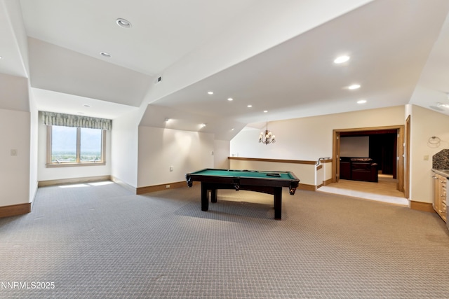 1103 Cortez Ln, Gardnerville, NV 89410 - game room featuring baseboards, carpet flooring, billiards table, vaulted ceiling, and recessed lighting