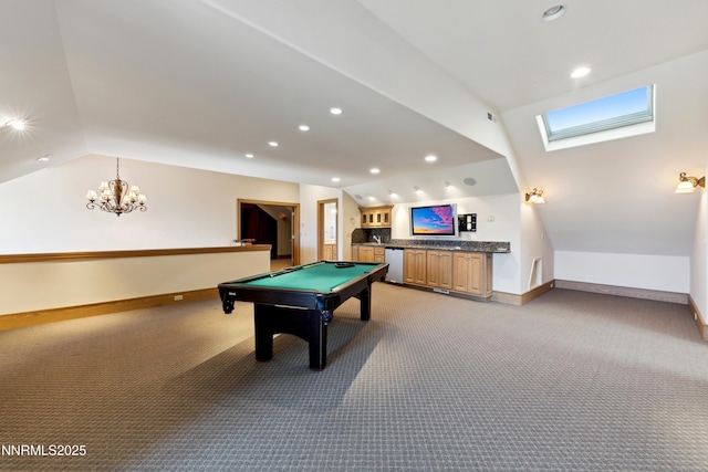 1103 Cortez Ln, Gardnerville, NV 89410 - playroom with light colored carpet, lofted ceiling, baseboards, a chandelier, and recessed lighting
