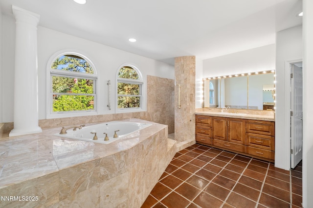 390 Sylvan Ct, Verdi, NV 89439 - bathroom with a jetted tub, vanity, a walk in shower, recessed lighting, and tile patterned flooring