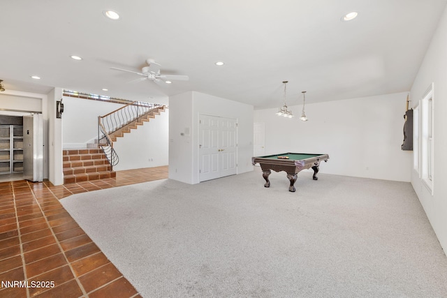 390 Sylvan Ct, Verdi, NV 89439 - rec room with pool table, recessed lighting, a ceiling fan, and tile patterned floors