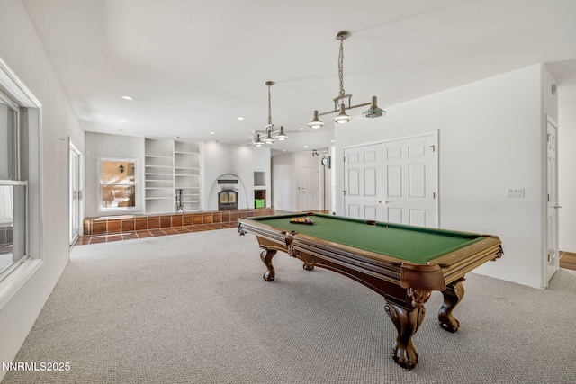 390 Sylvan Ct, Verdi, NV 89439 - rec room featuring a fireplace with raised hearth, carpet flooring, pool table, and recessed lighting