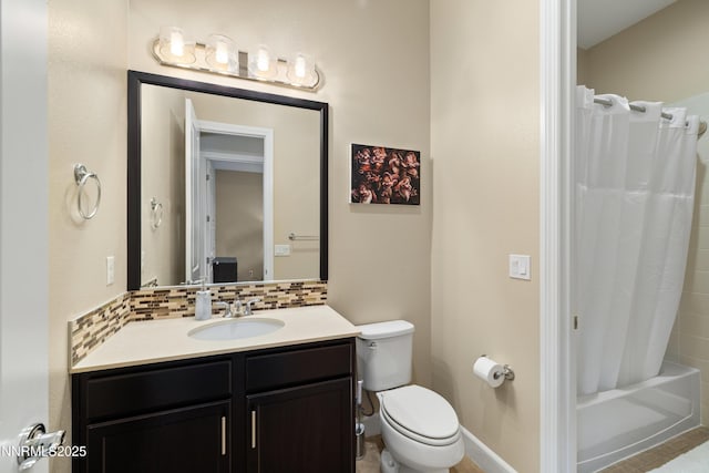 9845 Sea Breeze Ln, Reno, NV 89521 - bathroom with vanity, decorative backsplash, toilet, shower / tub combo with curtain, and baseboards