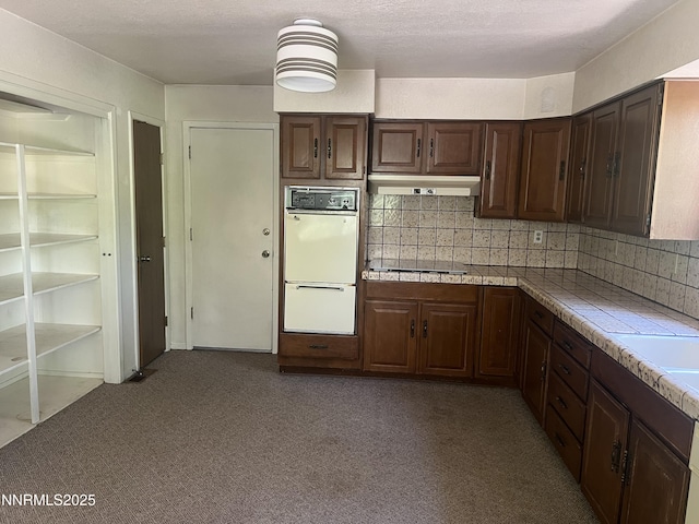124 Mark Twain Ave, Reno, NV 89509 - kitchen with double oven, under cabinet range hood, tile counters, dark brown cabinetry, and decorative backsplash