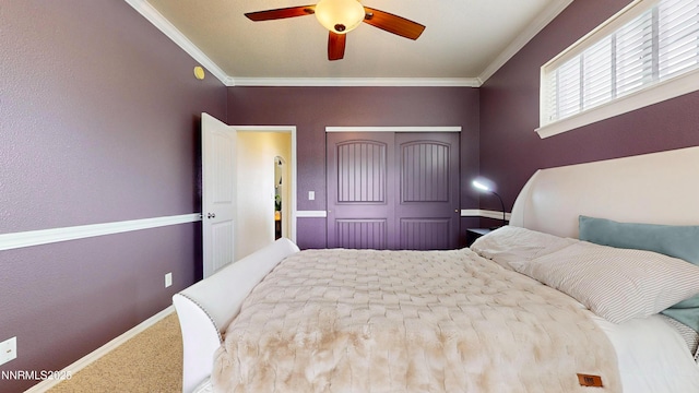 5895 Brooke Dr, Winnemucca, NV 89445 - carpeted bedroom featuring a closet, ornamental molding, baseboards, and a ceiling fan