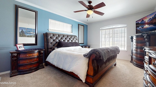 5895 Brooke Dr, Winnemucca, NV 89445 - bedroom featuring light carpet, crown molding, a ceiling fan, and baseboards