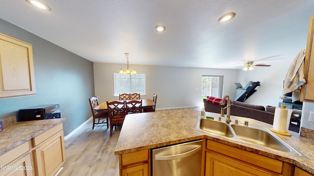 165 W National Ave, Winnemucca, NV 89445 - kitchen featuring a sink, stainless steel dishwasher, open floor plan, light wood finished floors, and light countertops