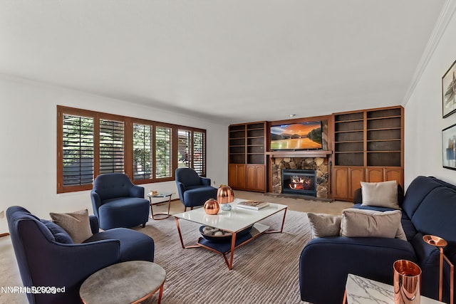 5 Ute Ct, Zephyr Cove, NV 89448 - carpeted living room with a fireplace, built in shelves, crown molding, and baseboards