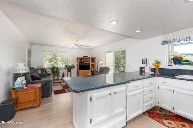 1745 Fir Tree Cir, Minden, NV 89423 - kitchen featuring open floor plan, a textured ceiling, a peninsula, ceiling fan, and white cabinets