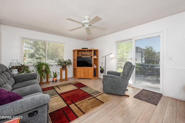 1745 Fir Tree Cir, Minden, NV 89423 - living area featuring wood finished floors, plenty of natural light, ceiling fan, and a textured ceiling