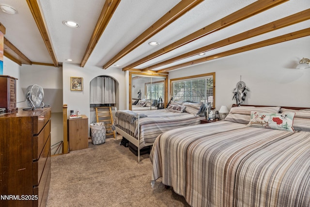 2450 Pinter Ave, South Lake Tahoe, CA 96150 - bedroom featuring beam ceiling, carpet flooring, and recessed lighting