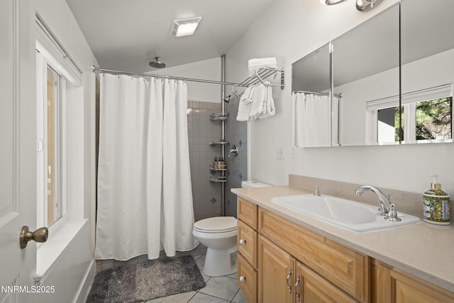 736 Kelly Dr, Incline Village, NV 89451 - bathroom with tile patterned floors, toilet, vanity, and a shower with shower curtain