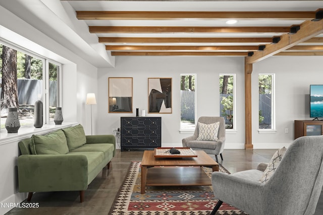 736 Kelly Dr, Incline Village, NV 89451 - living area featuring beamed ceiling, baseboards, and concrete flooring