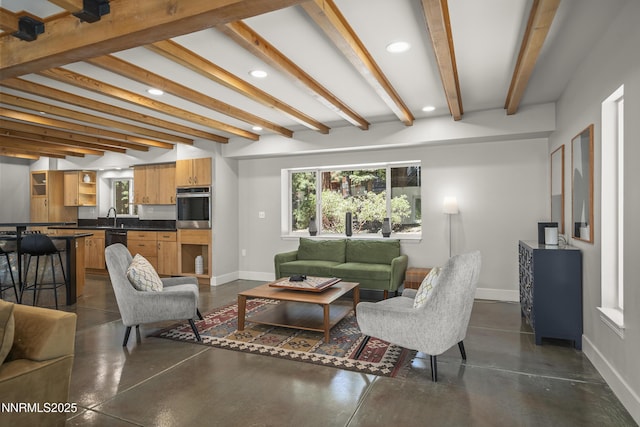 736 Kelly Dr, Incline Village, NV 89451 - living area featuring recessed lighting, concrete flooring, beamed ceiling, and baseboards