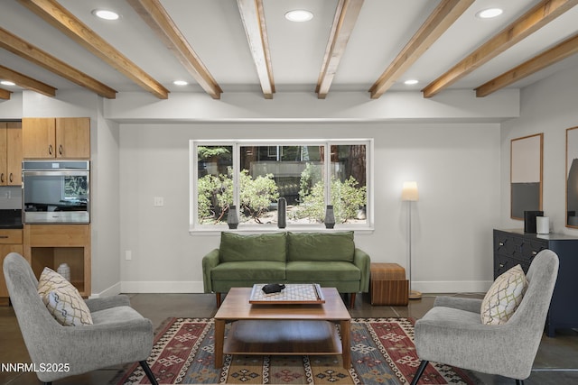 736 Kelly Dr, Incline Village, NV 89451 - living room with baseboards, recessed lighting, and beamed ceiling