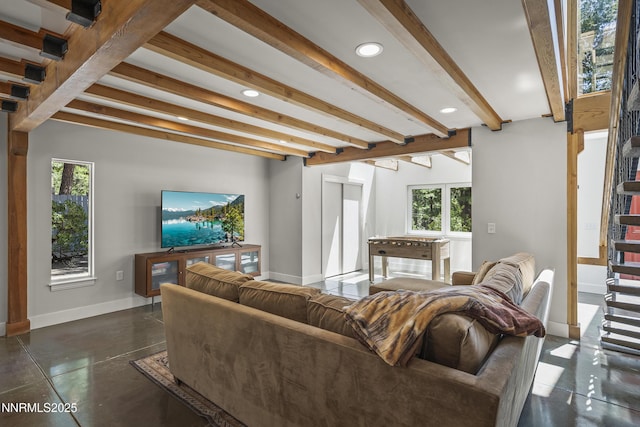 736 Kelly Dr, Incline Village, NV 89451 - living area featuring beam ceiling, baseboards, recessed lighting, stairway, and concrete floors