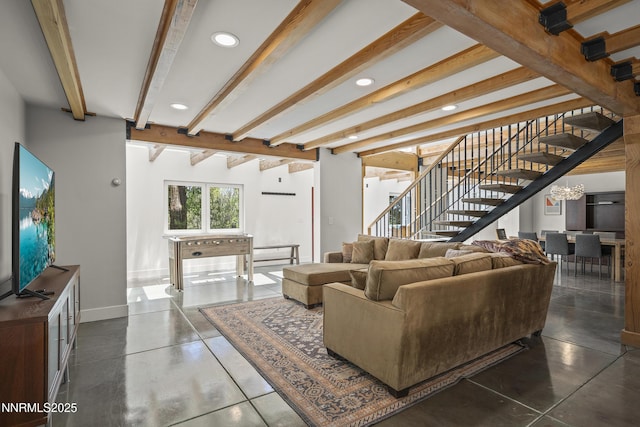 736 Kelly Dr, Incline Village, NV 89451 - living area with stairs, beam ceiling, recessed lighting, and baseboards