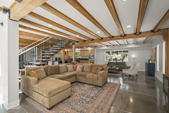 736 Kelly Dr, Incline Village, NV 89451 - living room with stairway, recessed lighting, finished concrete floors, beamed ceiling, and baseboards