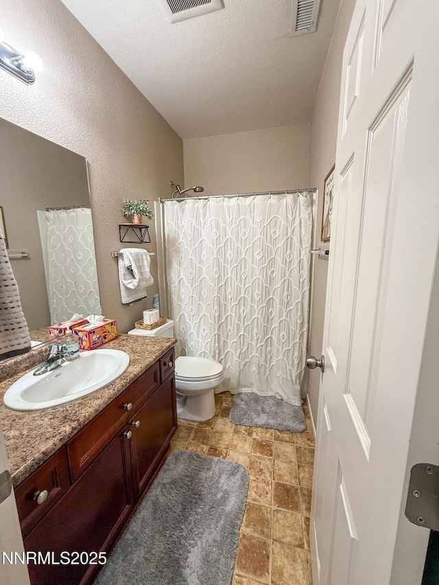 1201 Fonterra Way, Carson City, NV 89701 - full bathroom featuring vanity, toilet, stone finish flooring, a textured ceiling, and a shower with shower curtain