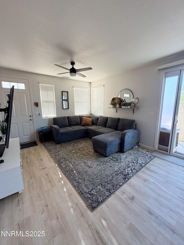1201 Fonterra Way, Carson City, NV 89701 - living area featuring wood finished floors, a textured ceiling, ceiling fan, and baseboards