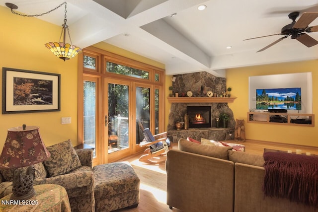 1724 Mohican Dr, South Lake Tahoe, CA 96150 - living area featuring wood finished floors, beam ceiling, recessed lighting, a ceiling fan, and a fireplace