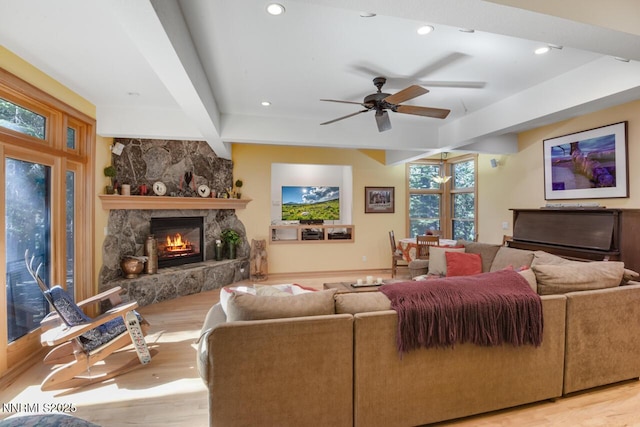 1724 Mohican Dr, South Lake Tahoe, CA 96150 - living room with beam ceiling, a fireplace, light wood-type flooring, ceiling fan, and recessed lighting