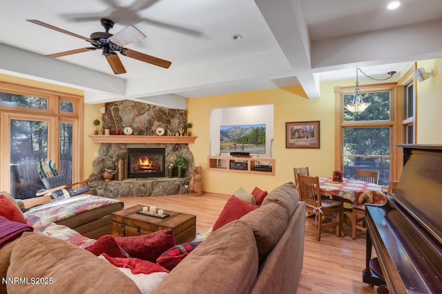 1724 Mohican Dr, South Lake Tahoe, CA 96150 - living room with wood finished floors, beam ceiling, a fireplace, ceiling fan, and recessed lighting