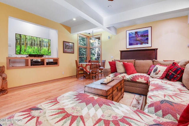 1724 Mohican Dr, South Lake Tahoe, CA 96150 - living room with wood finished floors, beam ceiling, and recessed lighting