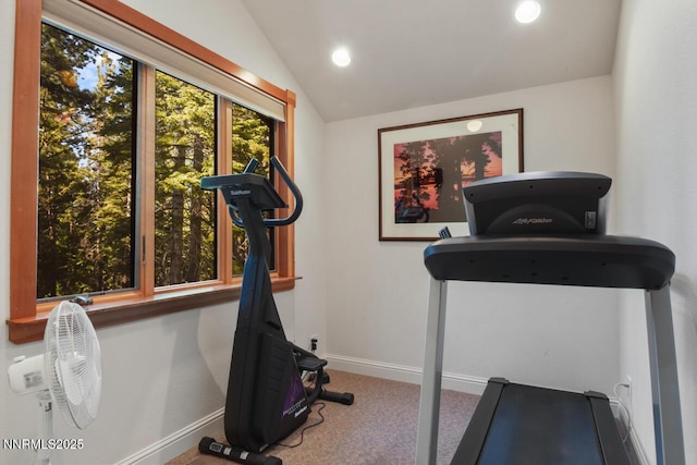 1724 Mohican Dr, South Lake Tahoe, CA 96150 - exercise area with carpet floors, vaulted ceiling, and recessed lighting