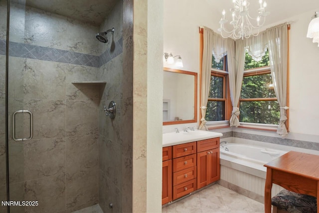1724 Mohican Dr, South Lake Tahoe, CA 96150 - full bath featuring a stall shower, a chandelier, vanity, and a bath