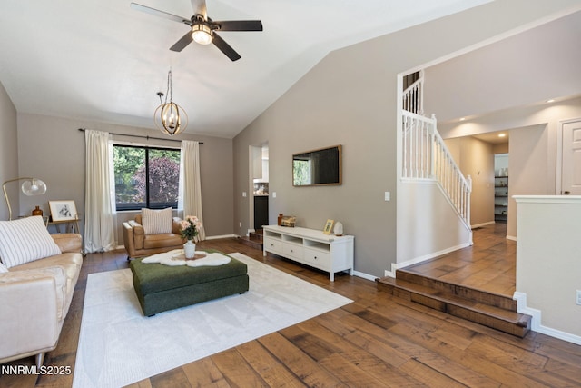1626 Spring View Ct, Sparks, NV 89436 - living area featuring stairway, hardwood / wood-style floors, lofted ceiling, a ceiling fan, and baseboards
