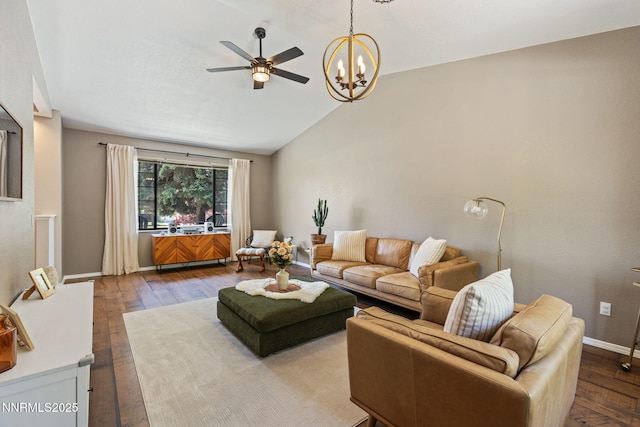 1626 Spring View Ct, Sparks, NV 89436 - living room with lofted ceiling, dark wood-style flooring, a ceiling fan, a chandelier, and baseboards