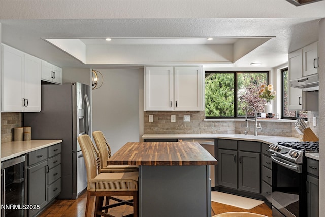 1626 Spring View Ct, Sparks, NV 89436 - kitchen with appliances with stainless steel finishes, butcher block countertops, a raised ceiling, wine cooler, and under cabinet range hood
