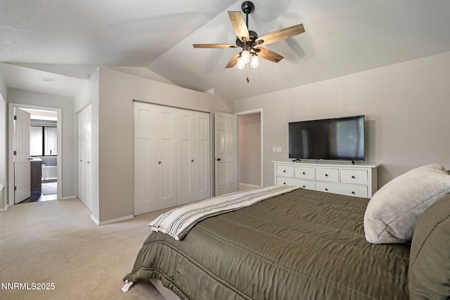 1626 Spring View Ct, Sparks, NV 89436 - bedroom featuring light colored carpet, vaulted ceiling, baseboards, a closet, and ceiling fan