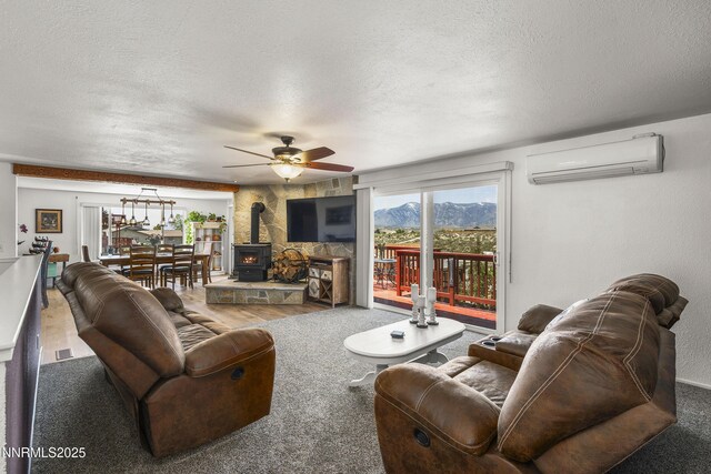 4840 Gentry Ln, Carson City, NV 89701 - living area with an AC wall unit, a textured ceiling, a wood stove, ceiling fan, and wood finished floors