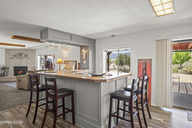 4840 Gentry Ln, Carson City, NV 89701 - kitchen with gray cabinetry, wood finished floors, healthy amount of natural light, and a textured ceiling
