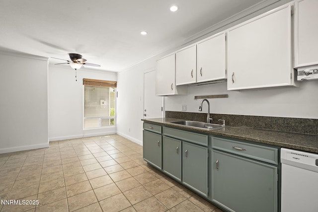 1420 Exeter Way, Reno, NV 89503 - kitchen with a sink, white dishwasher, ceiling fan, white cabinetry, and baseboards