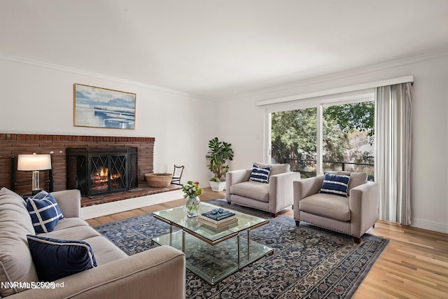 1420 Exeter Way, Reno, NV 89503 - living area with ornamental molding, wood finished floors, a brick fireplace, and baseboards