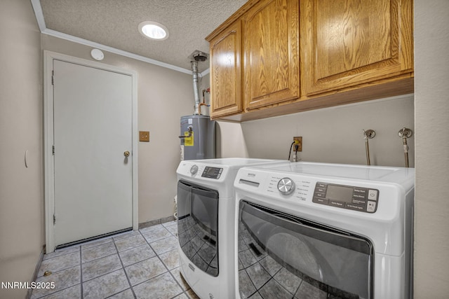 2480 Meadowbrook Ln, Carson City, NV 89701 - laundry room with cabinet space, electric water heater, crown molding, washer and dryer, and a textured ceiling
