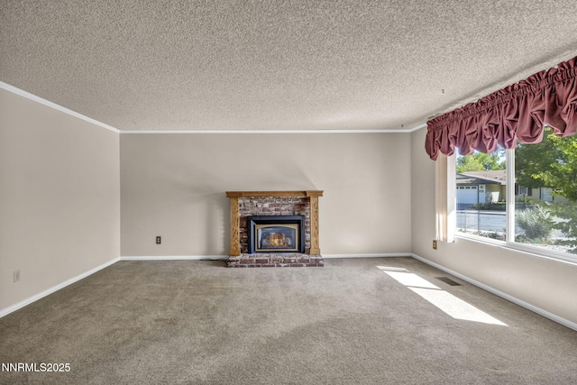 2480 Meadowbrook Ln, Carson City, NV 89701 - unfurnished living room with carpet floors, a textured ceiling, ornamental molding, a fireplace, and baseboards