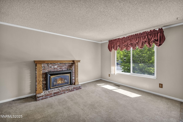 2480 Meadowbrook Ln, Carson City, NV 89701 - unfurnished living room with a textured ceiling, a brick fireplace, carpet flooring, ornamental molding, and baseboards