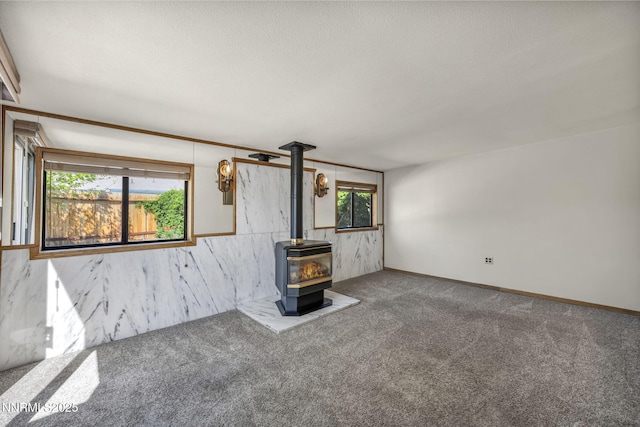 2480 Meadowbrook Ln, Carson City, NV 89701 - unfurnished living room with a wood stove and carpet flooring