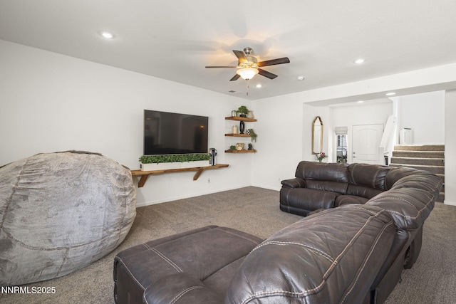 2266 Hayfield Ln, Fernley, NV 89408 - living area featuring carpet floors, a ceiling fan, recessed lighting, stairway, and baseboards