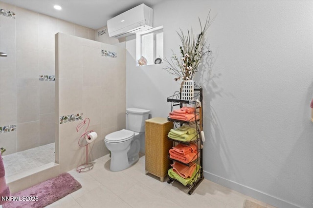 742 Long Valley Rd, Gardnerville, NV 89460 - bathroom featuring a wall mounted air conditioner, a walk in shower, tile patterned flooring, and recessed lighting