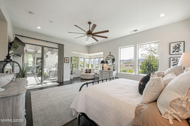 1845 Dove Mountain Ct, Reno, NV 89523 - bedroom featuring access to outside, recessed lighting, wood finished floors, baseboards, and ceiling fan
