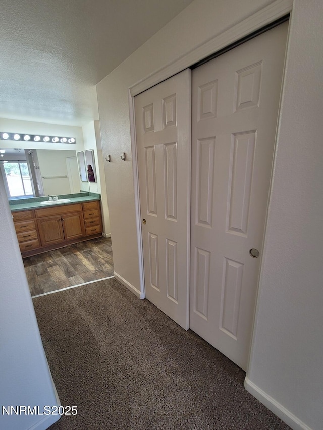 159 Shadow Mountain Dr, Fernley, NV 89408 - bathroom with vanity, baseboards, carpet, and a textured ceiling