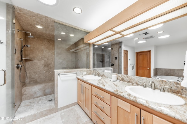 143 Granite Springs Dr, Stateline, NV 89449 - bathroom with a tile shower, double vanity, a garden tub, and recessed lighting